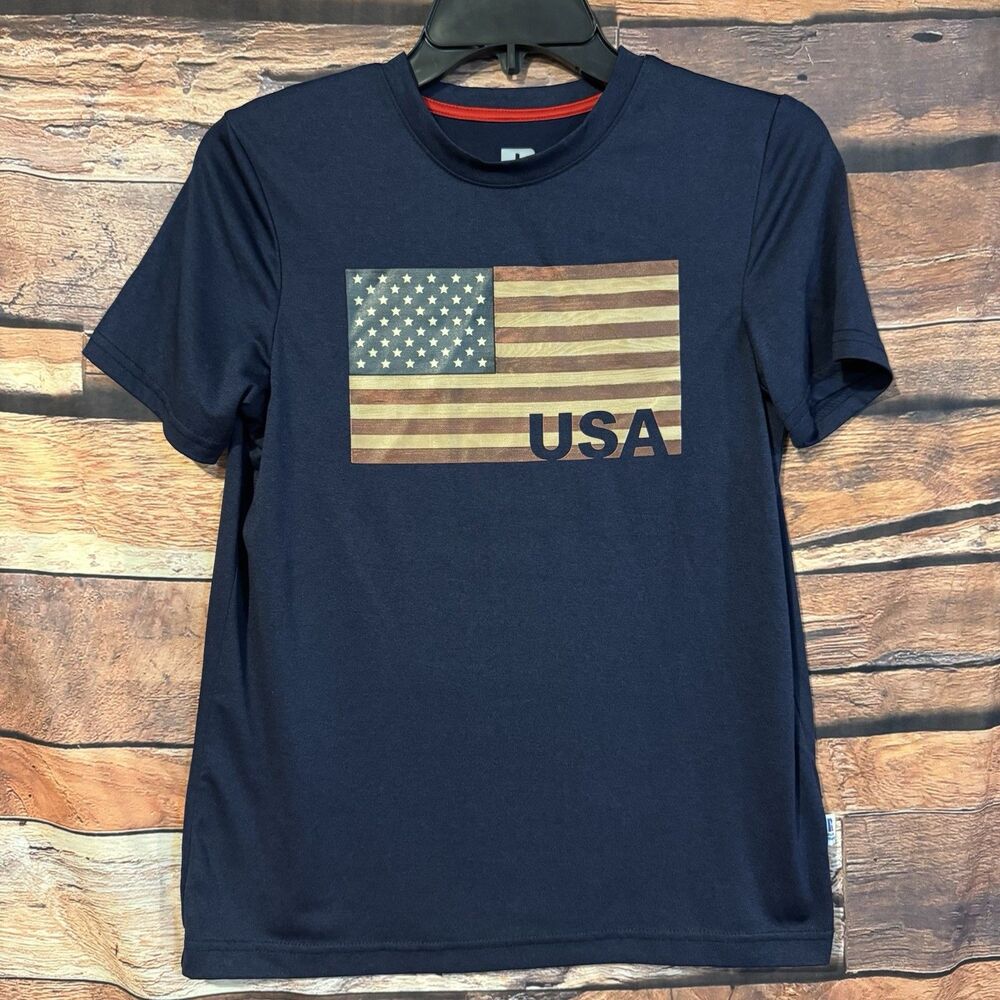 Russell Athletic Youth Large 14 16 T Shirt Navy Blue USA American Flag Graphic